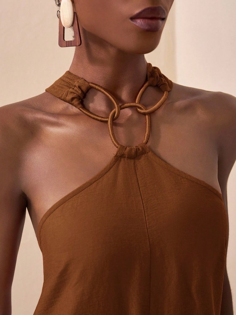 Brown Casual Women's Round Ring Connected Wide Leg Jumpsuit